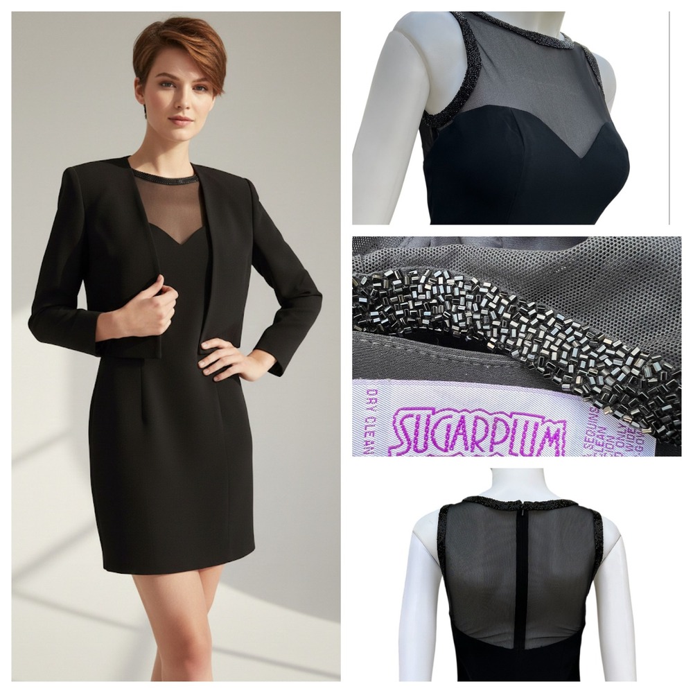 Sugarplum‎ Black Cocktail Dress Jacket Set Beaded Mesh LBD Vintage 90's Coquette